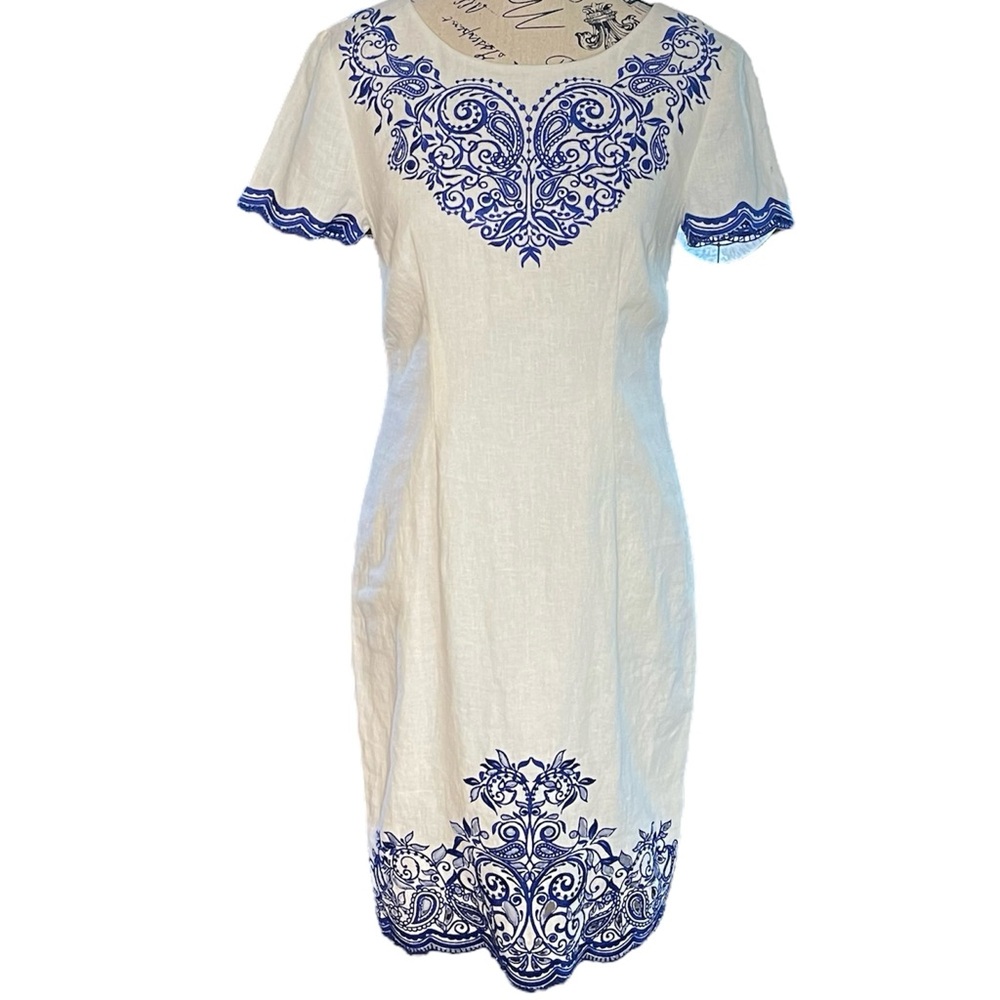 Talbots Cream Linen Sheath Dress with Round Neck and Beautiful Blue Embroidery